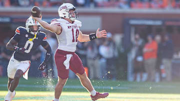 New Mexico State Aggies quarterback Diego Pavia (10) throws the ball during the first quarter as Auburn Tigers take on New Mexico State Aggies at Jordan-Hare Stadium in Auburn, Ala., on Saturday, Nov. 18, 2023.