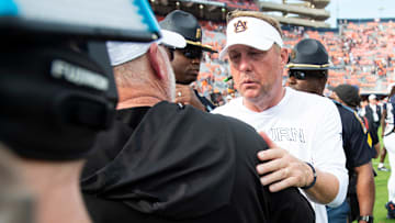 Auburn Tigers head coach Hugh Freeze and Vanderbilt Commodores Senior Offensive Advisor Jerry Kill shake hands after the game as Auburn Tigers take on Vanderbilt Commodores at Jordan-Hare Stadium in Auburn, Ala., on Saturday, Nov. 2, 2024. Vanderbilt Commodores defeated Auburn Tigers 17-7.