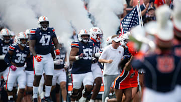Auburn Tigers head coach Hugh Freeze leads out his team as Auburn Tigers take on Vanderbilt Commodores at Jordan-Hare Stadium in Auburn, Ala., on Saturday, Nov. 2, 2024. Auburn Tigers and Vanderbilt Commodores are tied 7-7 at halftime.