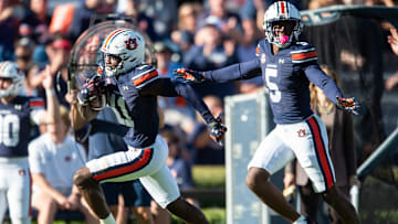 Auburn Tigers wide receiver Malcolm Simmons (11) breaks free for a touchdown as Auburn Tigers take on Louisiana-Monroe Warhawks at Jordan-Hare Stadium in Auburn, Ala., on Saturday, Nov. 16, 2024. Auburn Tigers defeated Louisiana-Monroe Warhawks 48-14.