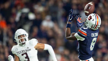 Auburn Tigers wide receiver Cam Coleman (8) catches a deep pass before running it into the end zone for a touchdown as Auburn Tigers take on Texas A&M Aggies at Jordan-Hare Stadium in Auburn, Ala., on Saturday, Sept. 7, 2024.