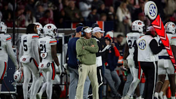Auburn Tigers head coach Hugh Freeze watches on as Auburn Tigers take on Alabama Crimson Tide at Bryant-Denny Stadium in Tuscaloosa, Ala., on Saturday, Nov. 30, 2024. Alabama Crimson Tide defeated Auburn Tigers 28-14.