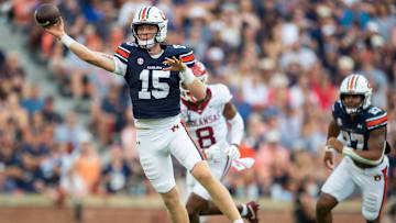 Auburn Tigers quarterback Hank Brown (15) throws the ball as Auburn Tigers take on Arkansas Razorbacks at Jordan-Hare Stadium in Auburn, Ala., on Saturday, Sept. 21, 2024. Arkansas Razorbacks lead Auburn Tigers 7-0 at halftime.