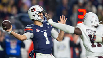 Auburn Tigers quarterback Payton Thorne (1) throws the ball as Auburn Tigers take on Texas A&M Aggies at Jordan-Hare Stadium in Auburn, Ala., on Saturday, Nov. 23, 2024. Auburn Tigers defeated Texas A&M Aggies 43-41 in fourth overtime.
