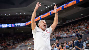 Auburn Tigers head coach Bruce Pearl pumps up the crowd as Auburn Tigers take on Ole Miss Rebels at Neville Arena in Auburn, Ala., on Wednesday, Feb. 26, 2025.