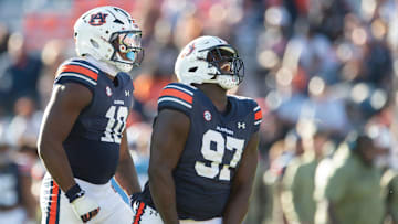 Auburn Tigers defensive lineman Quientrail Jamison-Travis (97) celebrate his sack as Auburn Tigers take on Louisiana-Monroe Warhawks at Jordan-Hare Stadium in Auburn, Ala., on Saturday, Nov. 16, 2024. Auburn Tigers defeated Louisiana-Monroe Warhawks 48-14.