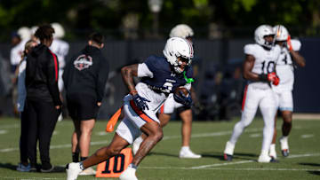Auburn Tigers wide receiver Perry Thompson (3) runs the ball during football practice at Woltosz Football Performance Center in Auburn, Ala., on Thursday, April 10, 2025.