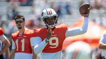 Auburn Tigers quarterback Deuce Knight (9) throws the ball during Auburn Tigers A-Day football practice at Jordan-Hare Stadium in Auburn, Ala., on Saturday, April 12, 2025.