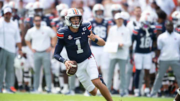 Auburn Tigers quarterback Payton Thorne (1) looks to pass as Auburn Tigers take on California Golden Bears at Jordan-Hare Stadium in Auburn, Ala., on Saturday, Sept. 7, 2024.