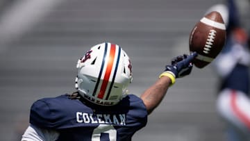 Auburn Tigers wide receiver Cam Coleman (8) drops a pass during Auburn Tigers A-Day football practice at Jordan-Hare Stadium in Auburn, Ala., on Saturday, April 12, 2025.