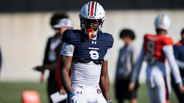 Auburn Tigers wide receiver Cam Coleman (8) during football practice at Woltosz Football Performance Center in Auburn, Ala., on Thursday, April 10, 2025.