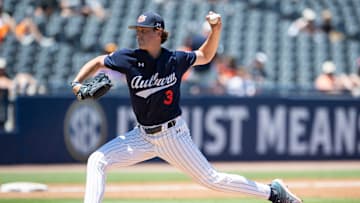 Auburn Tigers' Cade Fisher (3) pitches as Auburn Tigers take on Texas A&M Aggies during the SEC baseball tournament at Hoover Met in Birmingham, Ala., on Thursday, May 22, 2025. Texas A&M Aggies defeated Auburn Tigers 3-2.