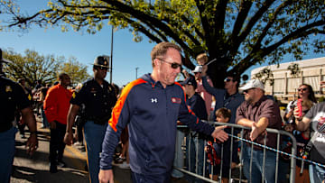 Auburn Tigers head coach Hugh Freeze greets fans during Tiger Walk before Auburn Tigers take on Louisiana-Monroe Warhawks at Jordan-Hare Stadium in Auburn, Ala., on Saturday, Nov. 16, 2024.