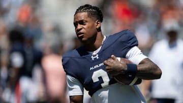 Auburn Tigers wide receiver Perry Thompson (3) runs through plays during Auburn Tigers A-Day football practice at Jordan-Hare Stadium in Auburn, Ala., on Saturday, April 12, 2025.