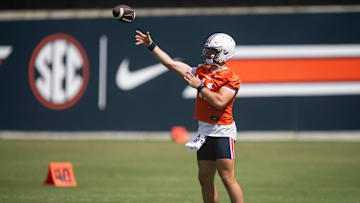 Auburn Tigers quarterback Jackson Arnold (11) throws the ball during practice at Woltosz Football Performance Center in Auburn, Ala. on Thursday, Aug. 14, 2025.