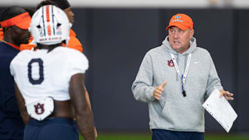 Auburn Tigers head coach Hugh Freeze talks with his team during practice at Woltosz Football Performance Center in Auburn, Ala. on Tuesday, Aug. 26, 2025.