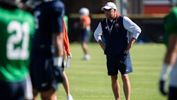 Auburn Tigers head coach Hugh Freeze watches on during practice at Woltosz Football Performance Center in Auburn, Ala. on Tuesday, Sept. 2, 2025.