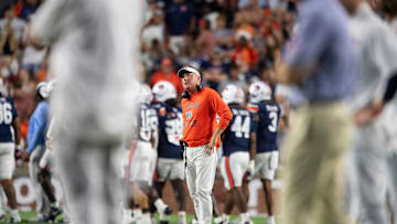 Auburn Tigers head coach Hugh Freeze watches on as Auburn Tigers take on Ball State Cardinals at Jordan-Hare Stadium in Auburn, Ala. on Saturday, Sept. 6, 2025. Auburn Tigers defeated Ball State Cardinals 42-3.