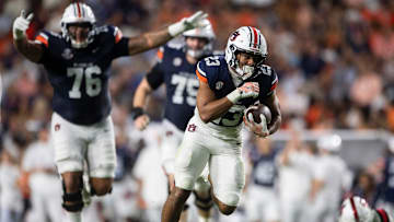 Auburn Tigers running back Jeremiah Cobb (23) breaks free for a touchdown run as Auburn Tigers take on Ball State Cardinals at Jordan-Hare Stadium in Auburn, Ala. on Saturday, Sept. 6, 2025. Auburn Tigers defeated Ball State Cardinals 42-3.