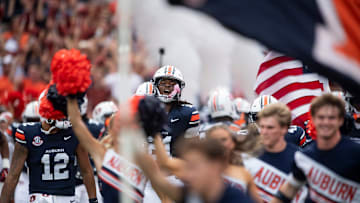Auburn Tigers players take the field as Auburn Tigers take on Ball State Cardinals at Jordan-Hare Stadium in Auburn, Ala. on Saturday, Sept. 6, 2025. Auburn Tigers defeated Ball State Cardinals 42-3.