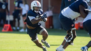 Auburn Tigers running back Omar Mabson II (29) runs the ball during practice at Woltosz Football Performance Center in Auburn, Ala. on Tuesday, Sept. 2, 2025.