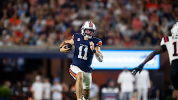 Auburn Tigers quarterback Jackson Arnold (11) runs the ball as Auburn Tigers take on Ball State Cardinals at Jordan-Hare Stadium in Auburn, Ala. on Saturday, Sept. 6, 2025. Auburn Tigers defeated Ball State Cardinals 42-3.
