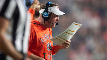 Auburn Tigers head coach Hugh Freeze calls plays as Auburn Tigers take on Ball State Cardinals at Jordan-Hare Stadium in Auburn, Ala. on Saturday, Sept. 6, 2025. Auburn Tigers defeated Ball State Cardinals 42-3.
