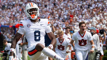 Auburn Tigers wide receiver Cam Coleman (8) celebrates his touchdown as Auburn Tigers take on South Alabama Jaguars at Jordan-Hare Stadium in Auburn, Ala. on Saturday, Sept. 13, 2025.