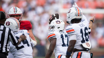 Auburn Tigers linebacker Xavier Atkins (17) celebrates his fumble recovery as Auburn Tigers take on South Alabama Jaguars at Jordan-Hare Stadium in Auburn, Ala. on Saturday, Sept. 13, 2025. Auburn Tigers defeated South Alabama Jaguars 31-15.