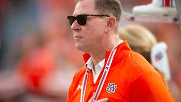Auburn Athletic Director John Cohen looks on during the National Anthem as Auburn Tigers takes on Alabama A&M Bulldogs at Jordan-Hare Stadium in Auburn, Ala., on Saturday, Aug. 31, 2024. Auburn Tigers lead Alabama A&M Bulldogs 52-3 at halftime.