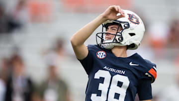 Auburn Tigers kicker Alex McPherson (38) warms up before Auburn Tigers take on Ball State Cardinals at Jordan-Hare Stadium in Auburn, Ala. on Saturday, Sept. 6, 2025.