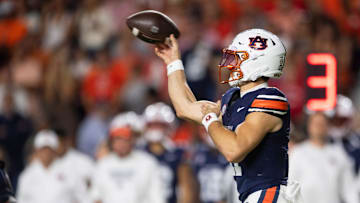 Auburn Tigers quarterback Jackson Arnold (11) throws the ball as Auburn Tigers take on Georgia Bulldogs at Jordan-Hare Stadium in Auburn, Ala. on Saturday, Oct. 11, 2025. Georgia Bulldogs defeated Auburn Tigers 20-10.
