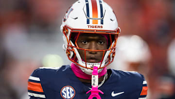 Auburn Tigers wide receiver Cam Coleman (8) during warm ups as Auburn Tigers take on Georgia Bulldogs at Jordan-Hare Stadium in Auburn, Ala. on Saturday, Oct. 11, 2025. Georgia Bulldogs defeated Auburn Tigers 20-10.