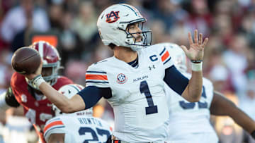 Auburn Tigers quarterback Payton Thorne (1) throws the ball as Auburn Tigers take on Alabama Crimson Tide at Bryant-Denny Stadium in Tuscaloosa, Ala., on Saturday, Nov. 30, 2024. Alabama Crimson Tide leads Auburn Tigers 14-6 at halftime.