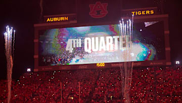 New light show to start the fourth quarter as Auburn Tigers take on Ball State Cardinals at Jordan-Hare Stadium in Auburn, Ala. on Saturday, Sept. 6, 2025. Auburn Tigers defeated Ball State Cardinals 42-3.
