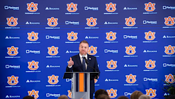 Auburn football head coach Alex Golesh speaks during his introductory press conference at Jordan-Hare Stadium in Auburn, Ala. on Monday, Dec. 1, 2025.