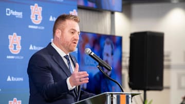 Auburn football head coach Alex Golesh speaks during his introductory press conference at Jordan-Hare Stadium in Auburn, Ala. on Monday, Dec. 1, 2025.