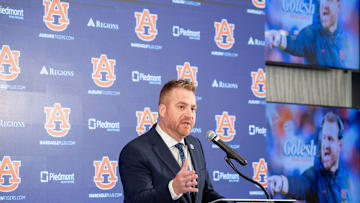 Auburn football head coach Alex Golesh speaks during his introductory press conference at Jordan-Hare Stadium in Auburn, Ala. on Monday, Dec. 1, 2025.