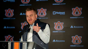 Auburn Tigers football head coach Alex Golesh speaks during a press conference at Woltosz Performance Center in Auburn, Ala. on Monday, Dec. 8, 2025.