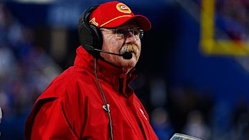 Kansas City's head coach Andy Reid looks towards his team on the field during first half action against the Kansas City Chiefs in Orchard Park, Nov.17, 2024.