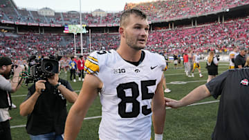 Oct 5, 2024; Columbus, OH, USA; Iowa Hawkeyes tight end Luke Lachey (85) walks off the field after losing to Ohio State Buckeyes after the NCAA football game at Ohio Stadium.