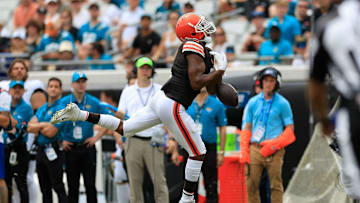 Cleveland Browns wide receiver Amari Cooper (2) can’t haul in a reception during the second quarter of an NFL football matchup Sunday, Sept. 15, 2024 at EverBank Stadium in Jacksonville, Fla.