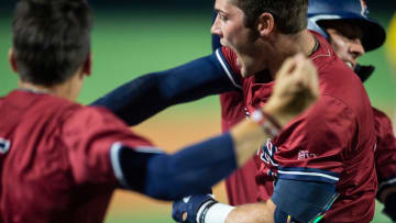 Penn Quakers Wyatt Henseler (8) celebrates his home run as Penn Quakers take on Southern Miss Golden Eagles during the NCAA baseball championship regional at Plainsman Park in Auburn, Ala., on Sunday, June 4, 2023.