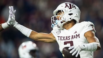 Texas A&M Aggies wide receiver Noah Thomas celebrates his touchdown catch and run as Auburn Tigers take on Texas A&M Aggies at Jordan-Hare Stadium in Auburn, Ala., on Saturday, Sept. 7, 2024. Auburn Tigers defeated Texas A&M Aggies 43-41 in fourth overtime.