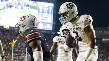 Texas A&M Aggies wide receiver Noah Thomas (3) celebrates his touchdown catch as Auburn Tigers take on Texas A&M Aggies at Jordan-Hare Stadium in Auburn, Ala., on Saturday, Sept. 7, 2024. Auburn Tigers defeated Texas A&M Aggies 43-41 in fourth overtime.