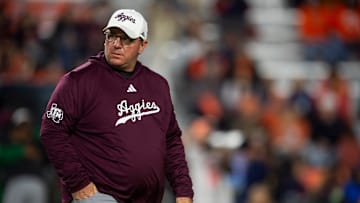 Texas A&M Aggies head coach Mike Elko during warm ups before Auburn Tigers take on Texas A&M Aggies at Jordan-Hare Stadium in Auburn, Ala., on Saturday, Sept. 7, 2024.