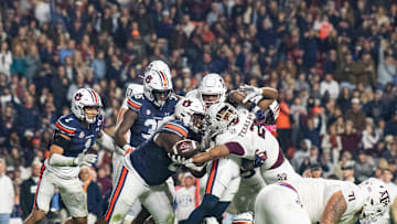 Texas A&M Aggies running back Rueben Owens (2) reaches across the goal line for a touchdown as Auburn Tigers take on Texas A&M Aggies at Jordan-Hare Stadium in Auburn, Ala., on Saturday, Sept. 7, 2024. Auburn Tigers lead Texas A&M Aggies 21-7 at halftime.