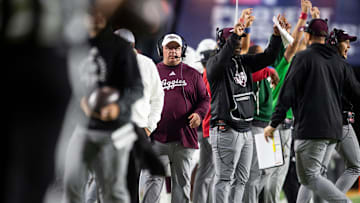 Texas A&M Aggies head coach Mike Elko watches on from the sideline as Auburn Tigers take on Texas A&M Aggies at Jordan-Hare Stadium in Auburn, Ala., on Saturday, Sept. 7, 2024. Auburn Tigers lead Texas A&M Aggies 21-7 at halftime.