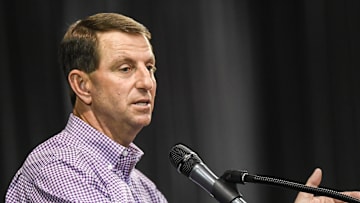 Clemson head coach Dabo Swinney speaks during the Clemson Club football National Signing Day wrap up presented by Clemson Seneca Chick-Fil-A at the Poe Indoor Practice Facility at Clemson University in Clemson, S.C. Feb 5, 2025.