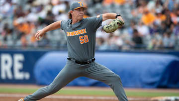 Tennessee Volunteer's Tanner Franklin (50) pitches as Vanderbilt Commodores take on Tennessee Volunteer during the SEC baseball tournament at Hoover Met in Birmingham, Ala., on Saturday, May 24, 2025.